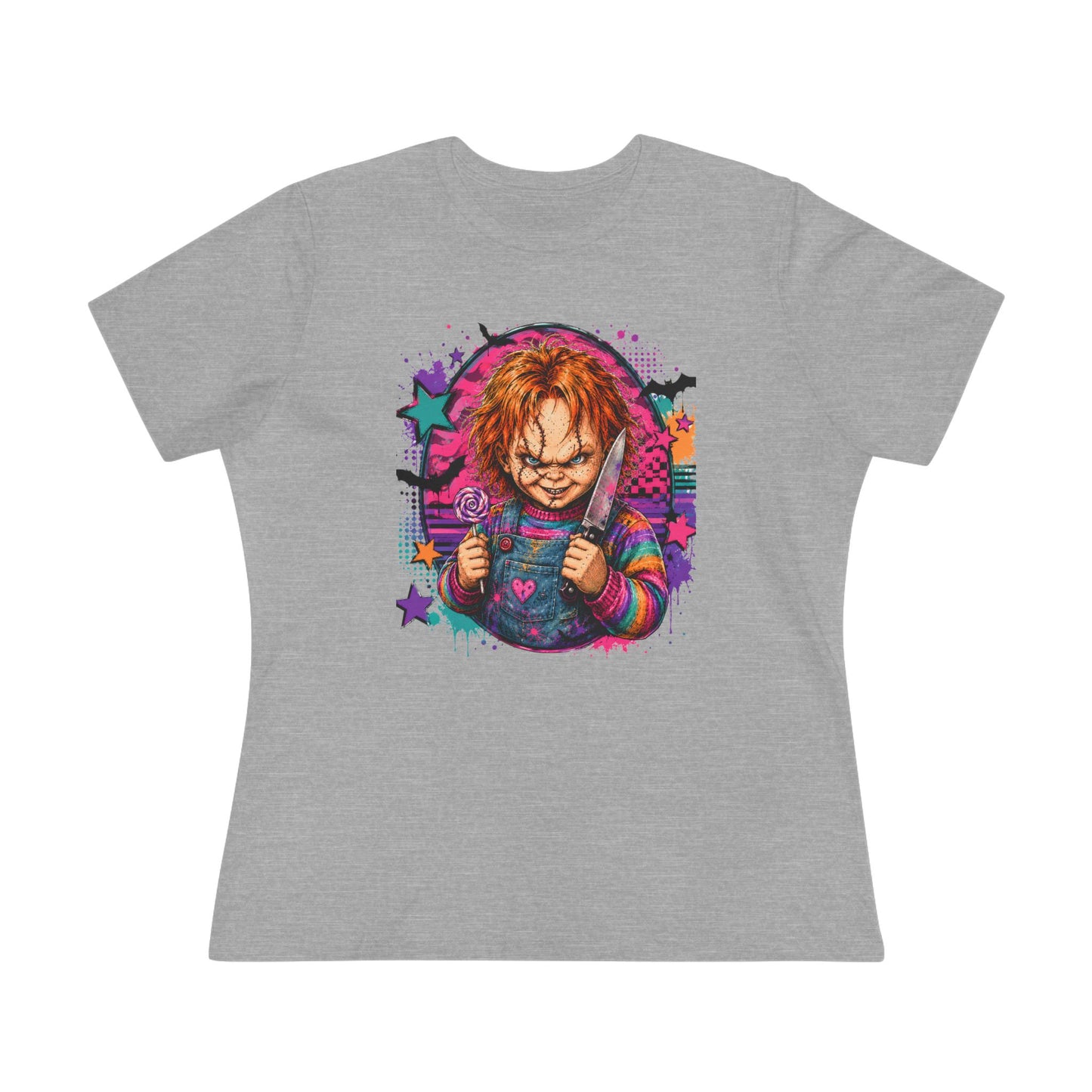 Chucky Horror Graphic Tee — Retro Neon Killer Doll Shirt for Women