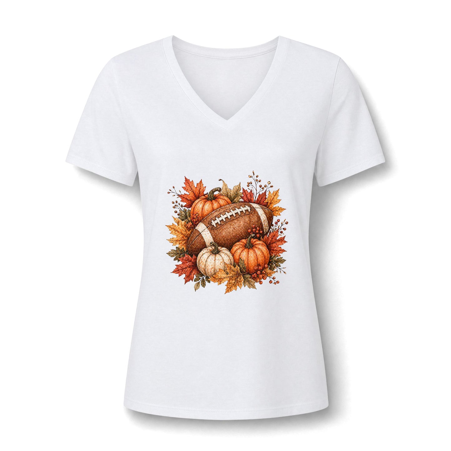 Women's V-Neck Tee — Fall Football Pumpkin Design