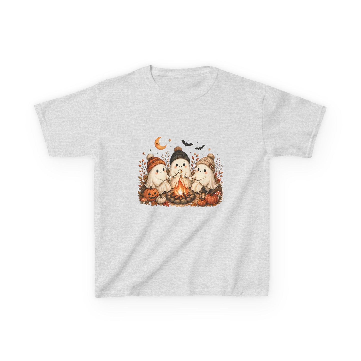 Kids Tee — Cute Halloween Ghosts Campfire Design (Pumpkins, Moon & Bats)