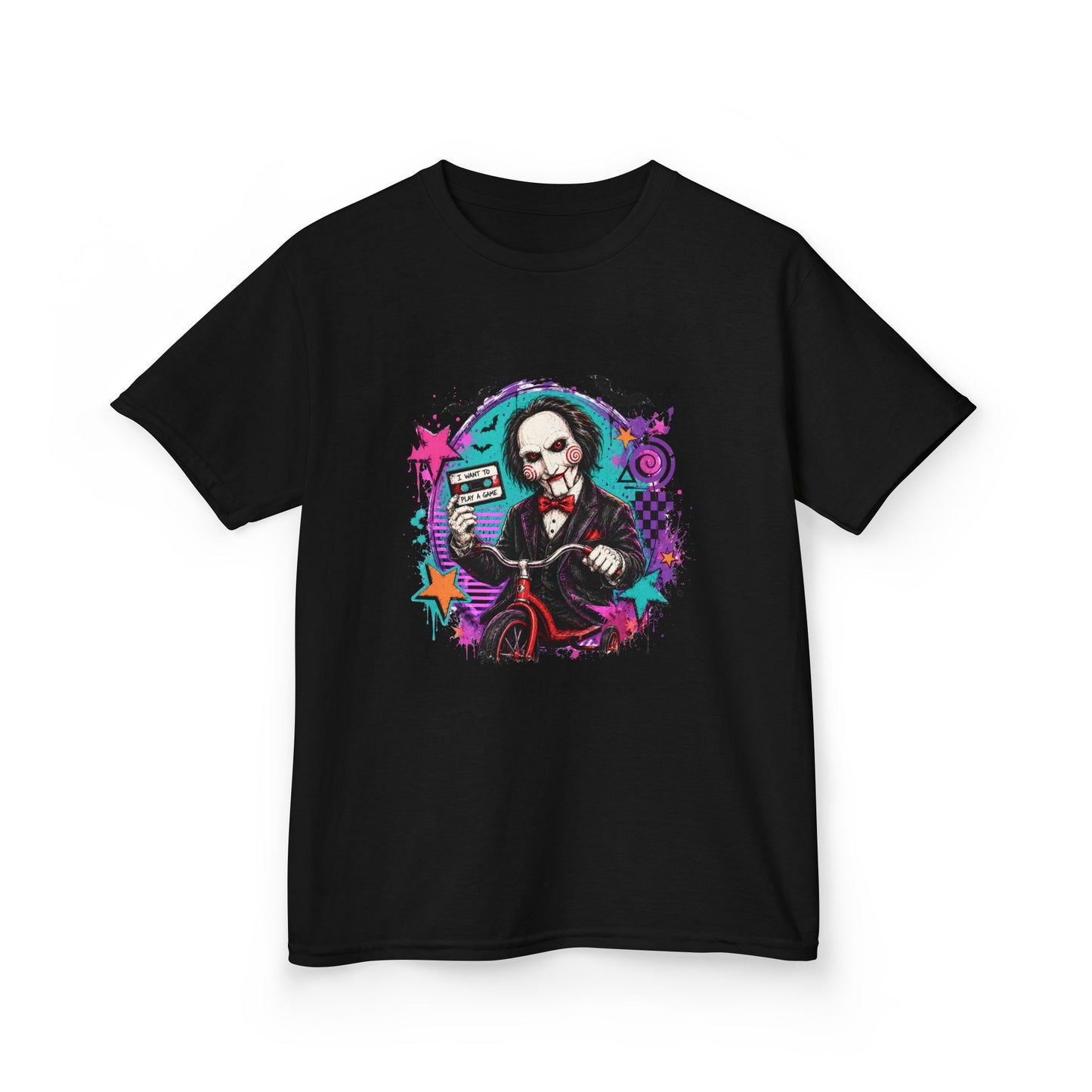 Kids T-Shirt - Colorful Creepy Puppet Horror Design (Saw-Inspired)