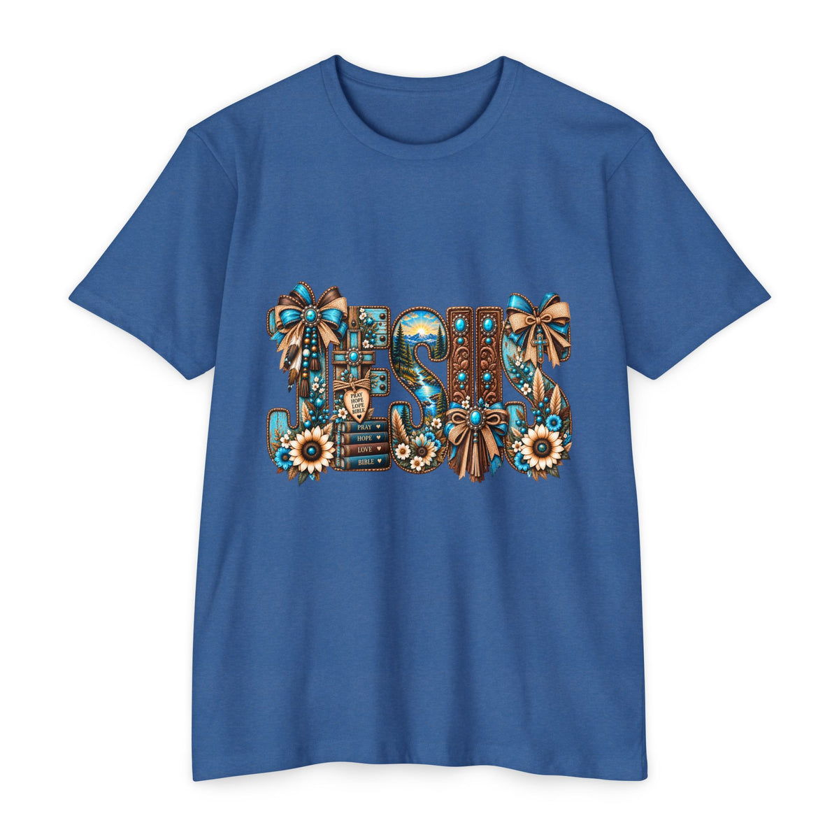 Jesus Floral Graphic T-Shirt — Decorative Faith Tee with Bows & Sunflowers