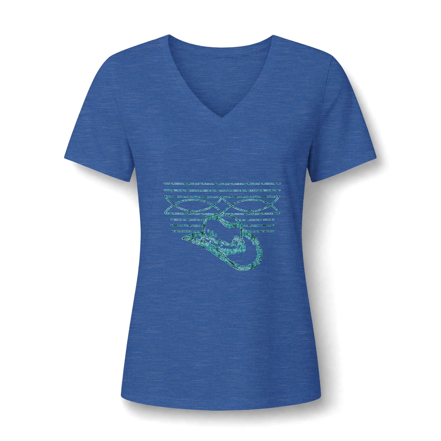 Women’s V‑Neck Tee — Teal Distressed Cowboy Hat Graphic