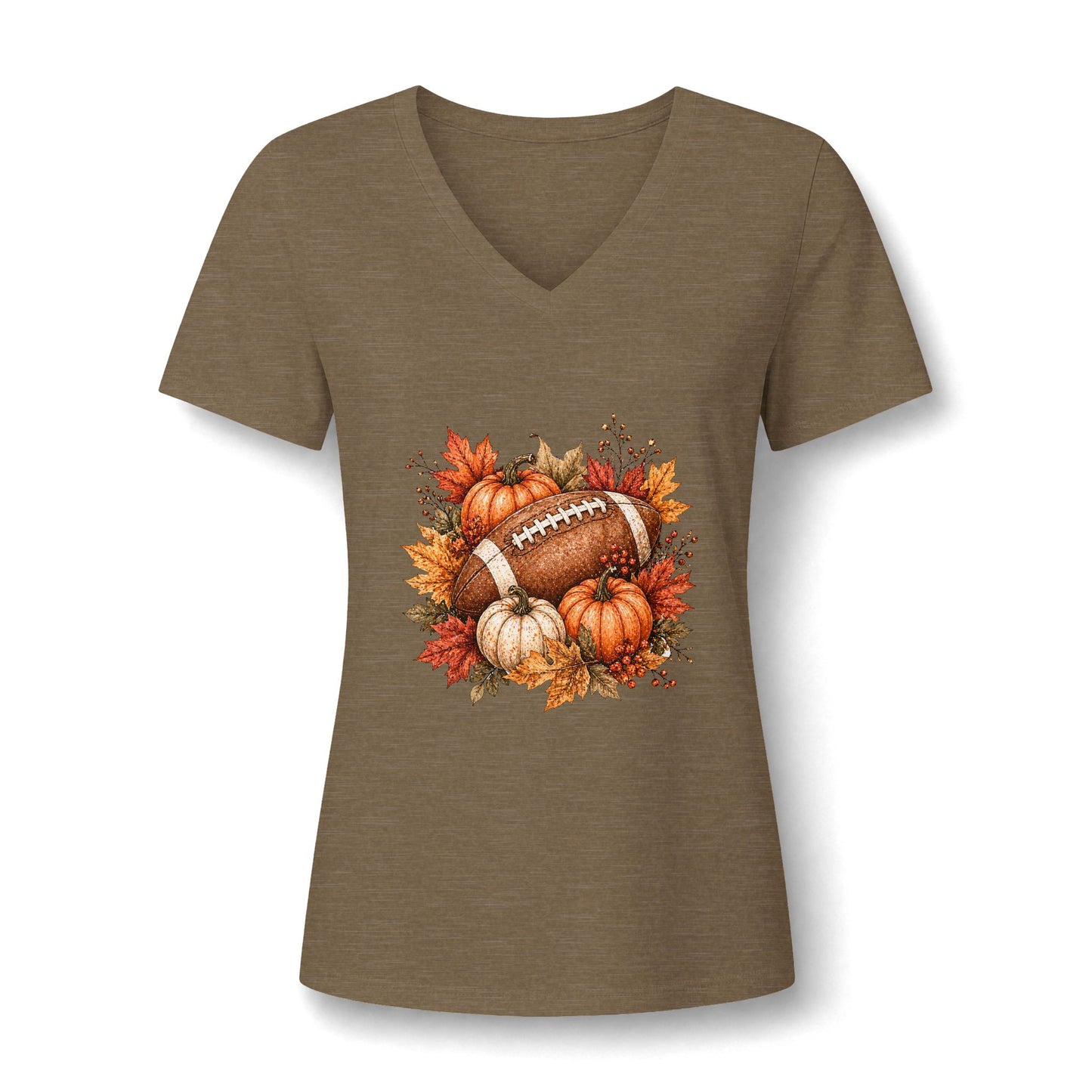 Women's V-Neck Tee — Fall Football Pumpkin Design