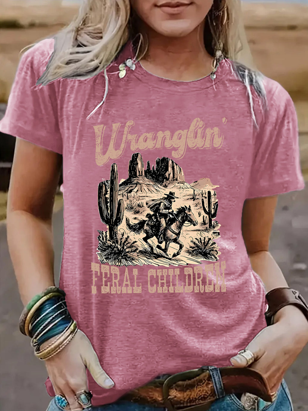 Western denim pattern round neck short sleeved shirt