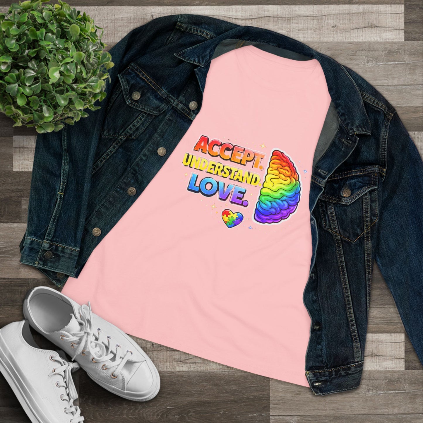 Accept Understand Love Rainbow Brain Women's Tee — LGBTQ+ Pride Mental Health Awareness Shirt