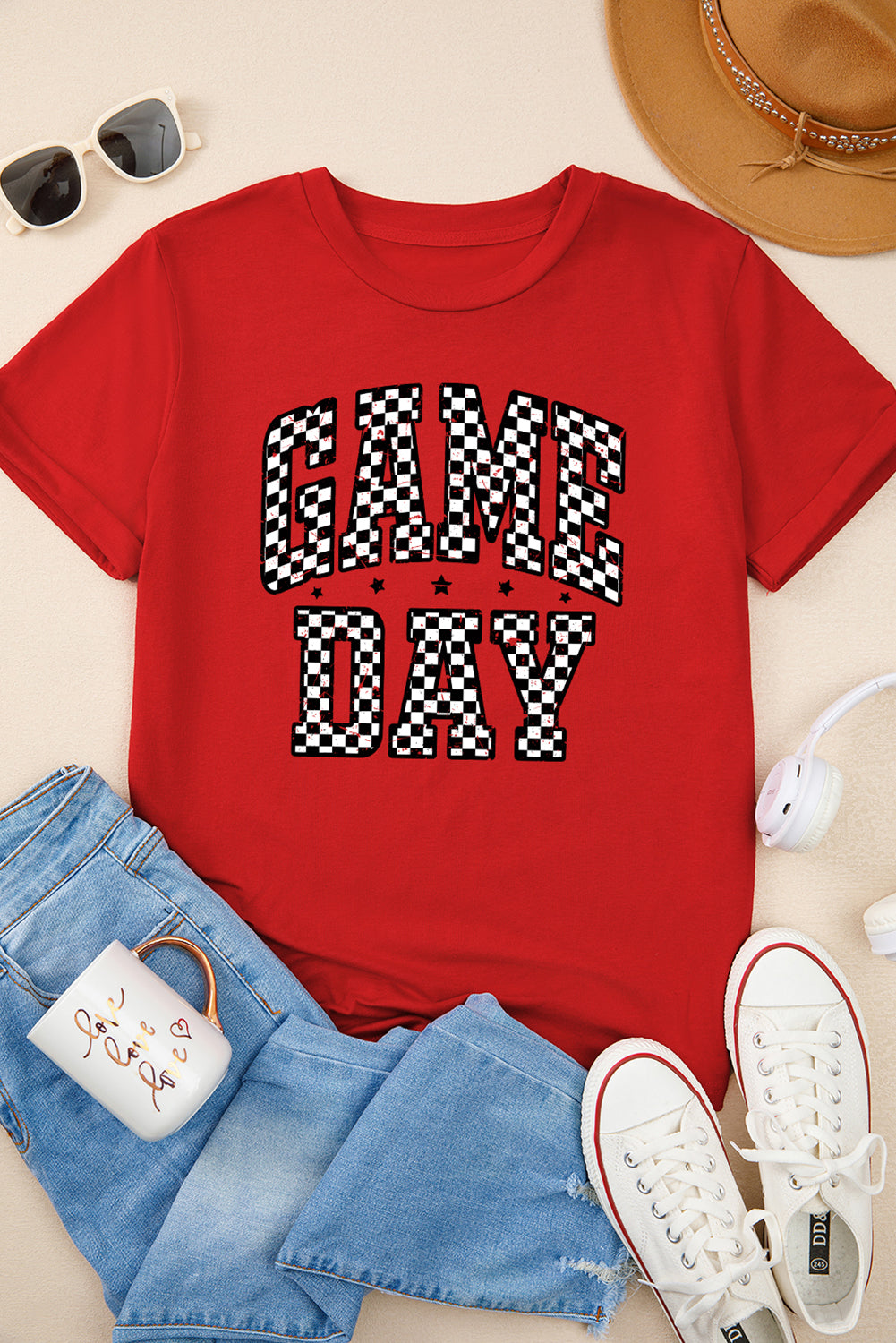 Red Checkered Game Day Graphic T Shirt