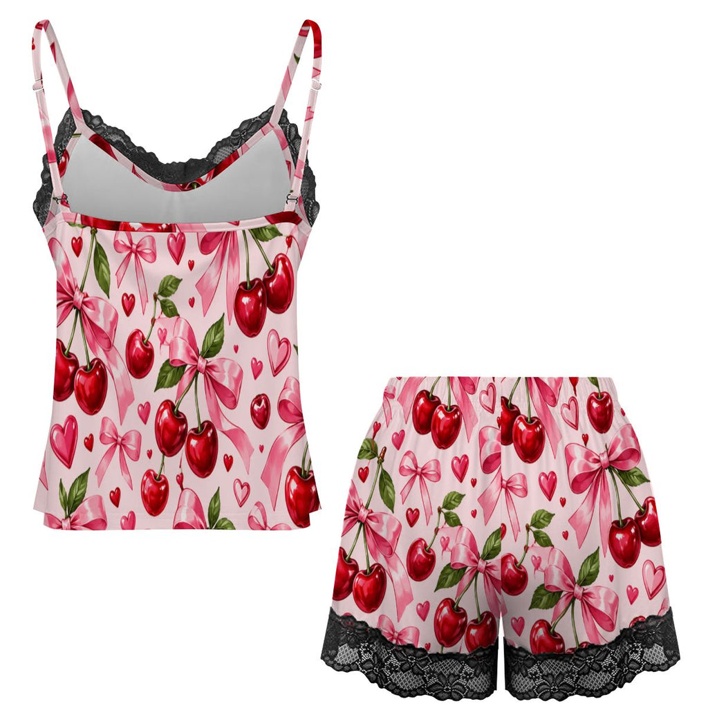 Women Cami Lace Pajama Set Glossy Cherry and Bow Pattern