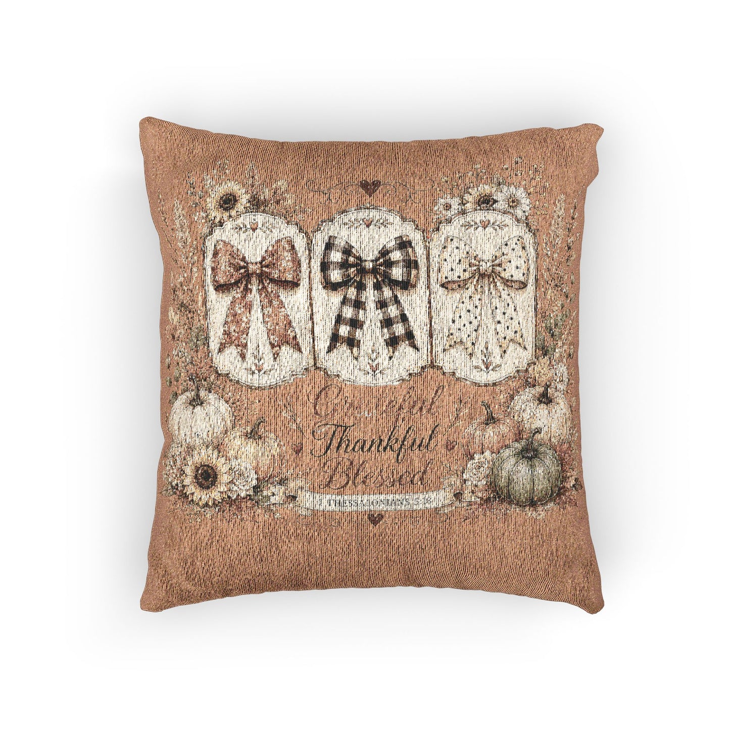 Autumn Woven Pillow - Rustic Harvest Pumpkins & Ribbons Decorative Throw Cushion