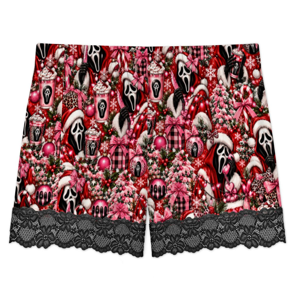 Women Cami Lace Pajama Set Festive Ghostface Christmas Pattern