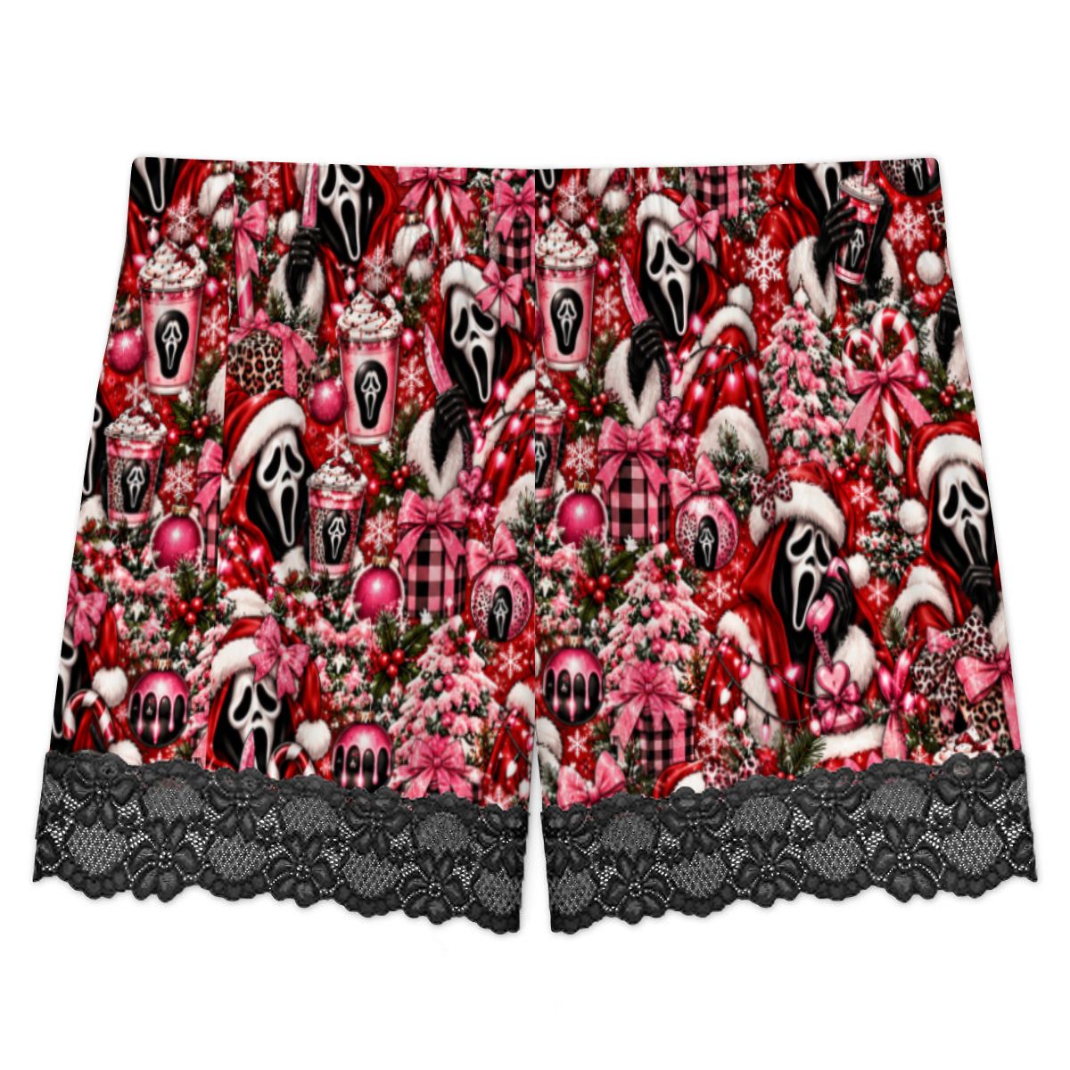 Women Cami Lace Pajama Set Festive Ghostface Christmas Pattern
