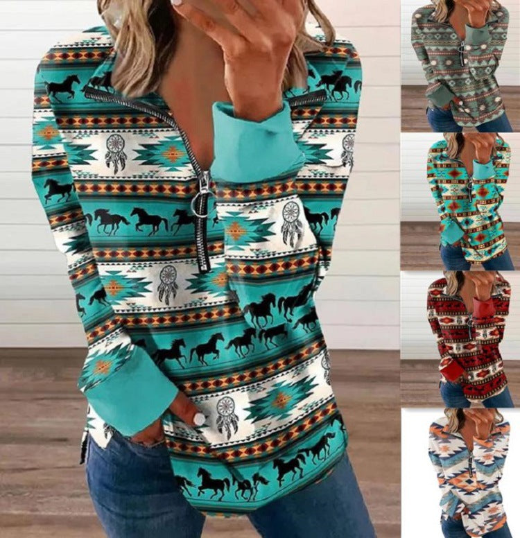 Loose Western Style 3D Round Neck Pullover Long Sleeve T Shirt For Women In Europe and America