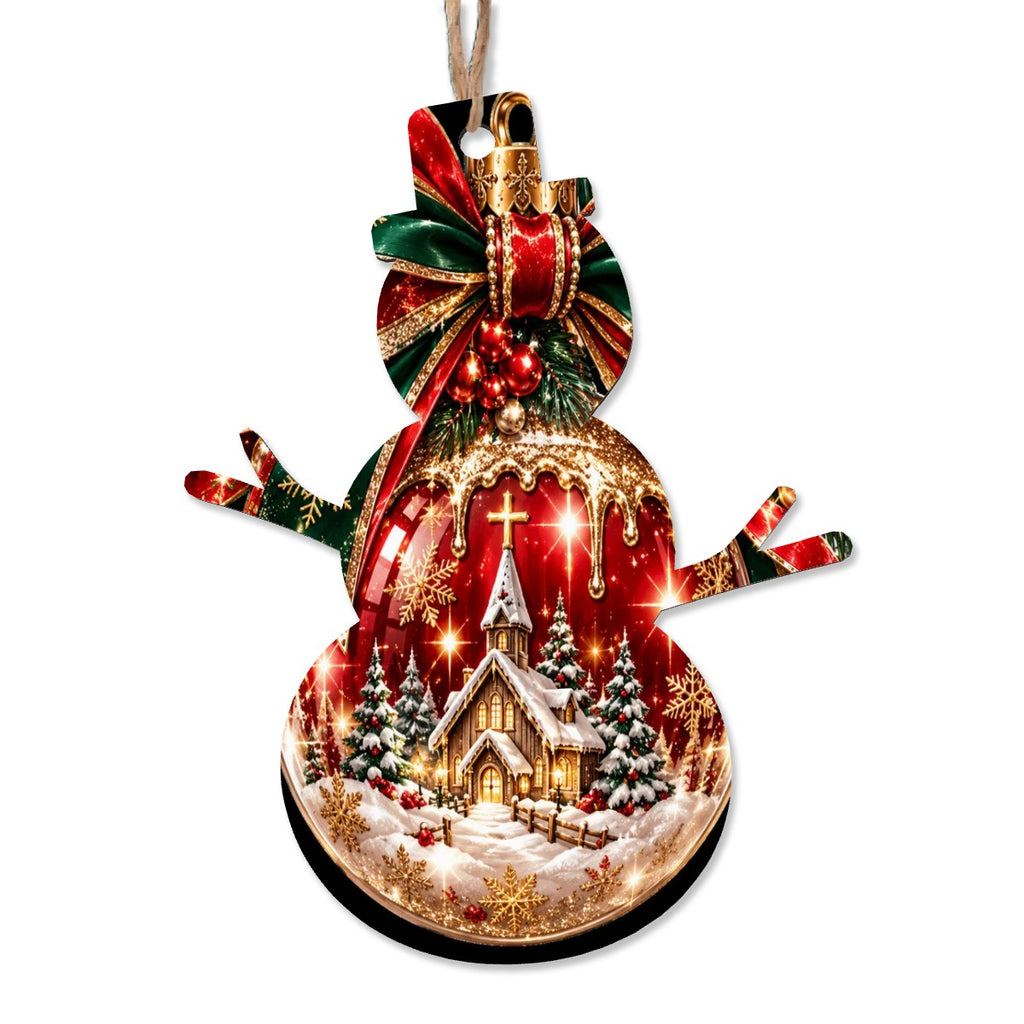 Wood Christmas Ornaments Snowman Shape Set of 4 Festive Snow Globe Ornament with Church