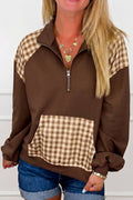 Coffee Patchwork Plaid Pocket Quarter Zip Sweatshirt