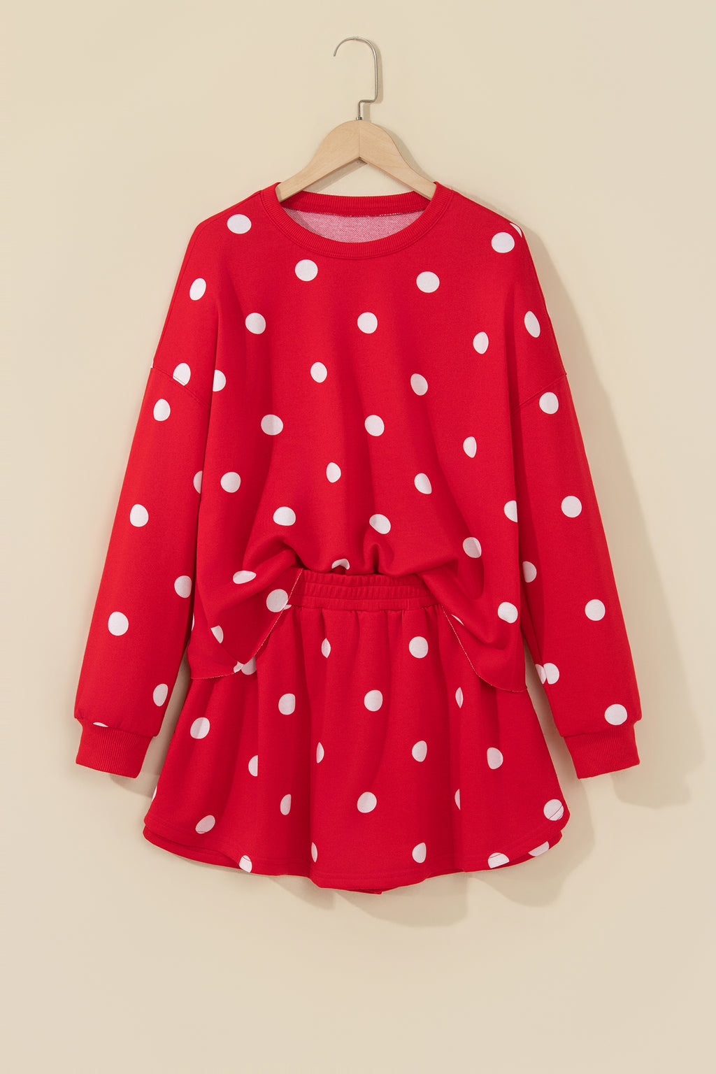 Brown Polka Dot Raw Hem Relaxed Pullover Loose Skort Two Piece Set