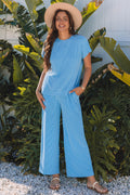 Blue Solid Corded Knit Short Sleeve T Shirt and Wide Leg Pants Set