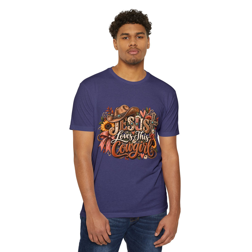 Jesus Loves This Cowgirl T-Shirt — Western Christian Graphic Tee with Sunflowers & Cowboy Hat