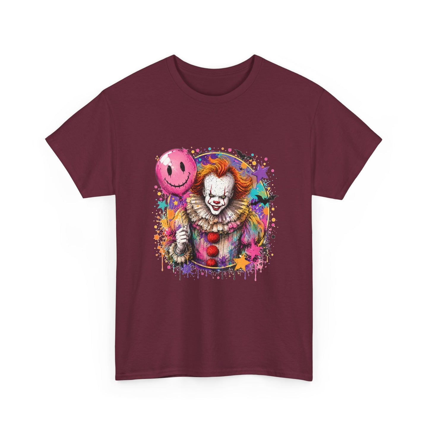 Clown Horror Graphic Tee — Colorful Scary Clown with Pink Balloon
