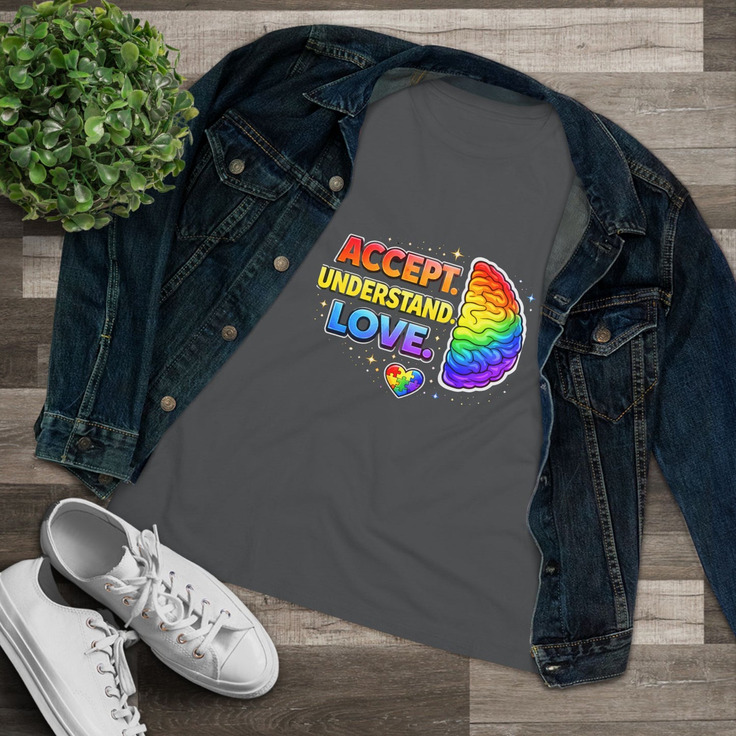 Accept Understand Love Rainbow Brain Women's Tee — LGBTQ+ Pride Mental Health Awareness Shirt