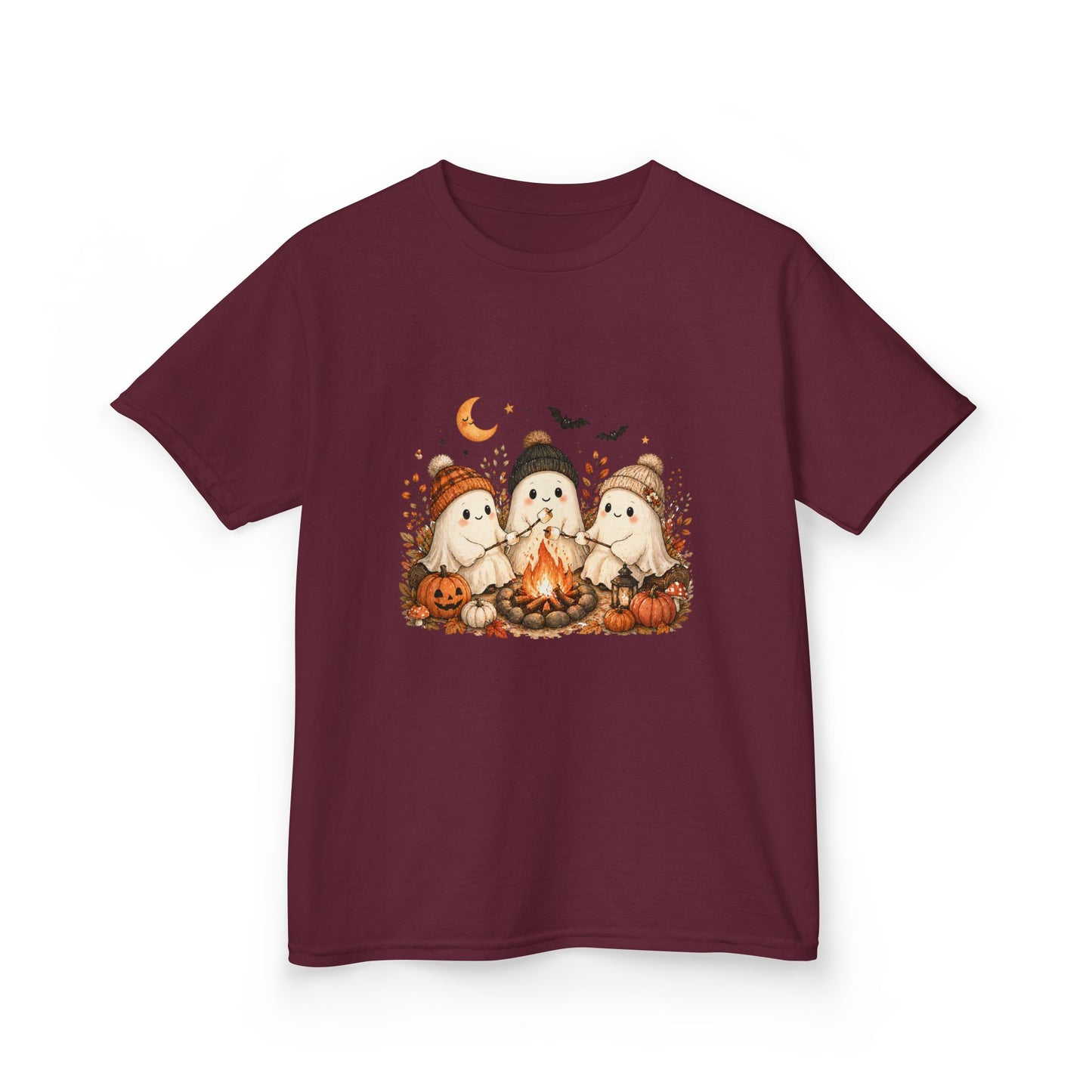 Kids Tee — Cute Halloween Ghosts Campfire Design (Pumpkins, Moon & Bats)