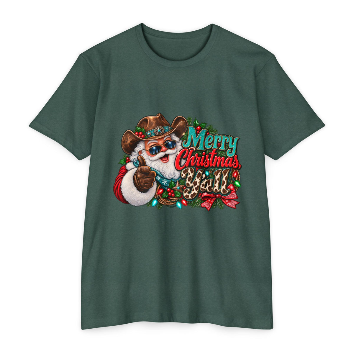 Christmas Cowboy Santa T-Shirt — "Merry Christmas Y'all" Holiday Tee