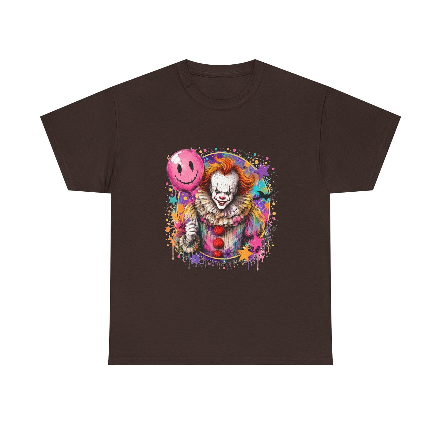 Clown Horror Graphic Tee — Colorful Scary Clown with Pink Balloon