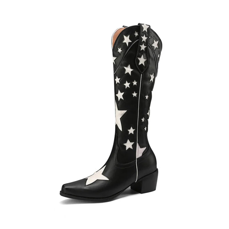 Western Cowboy Boots Women's Medium Block Heels Slip-on Cowgirl Long Boots Woman Autumn Winter Shoes