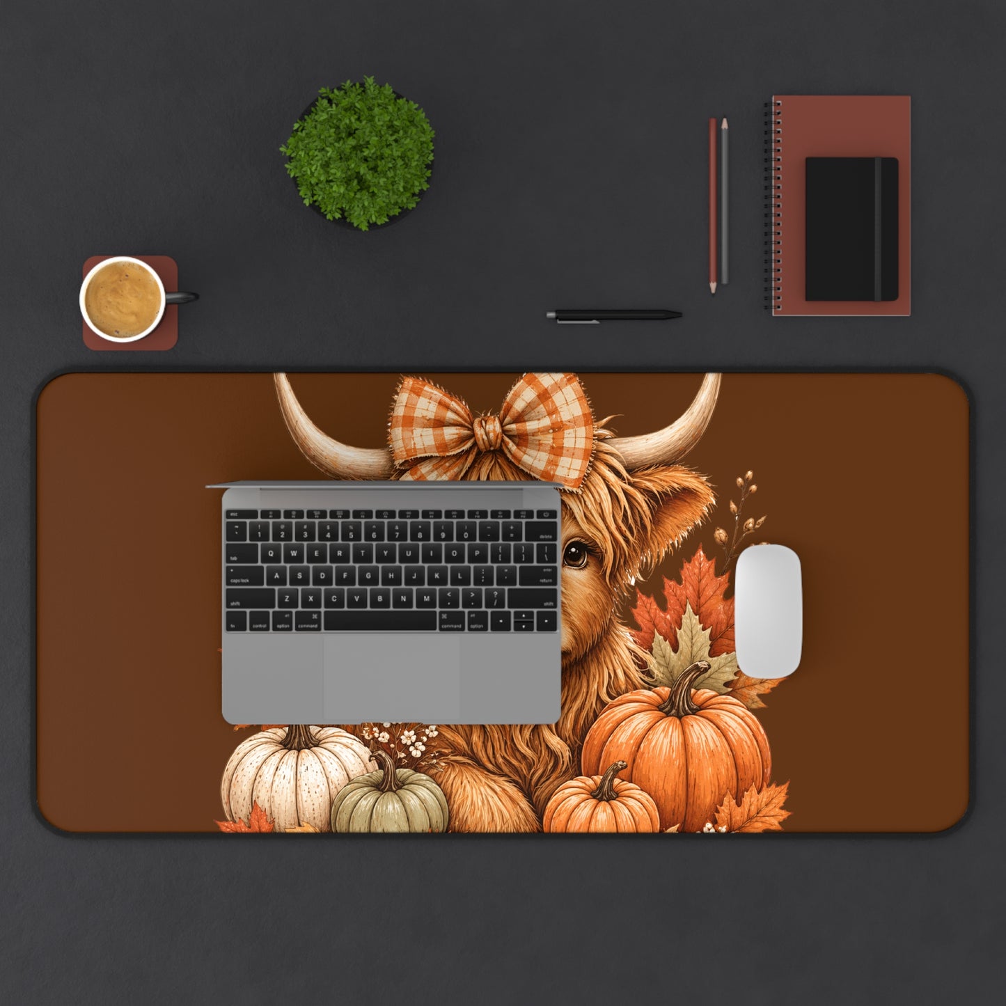 Autumn Highland Cow Desk Mat — Fall Pumpkin & Plaid Bow Mouse Pad