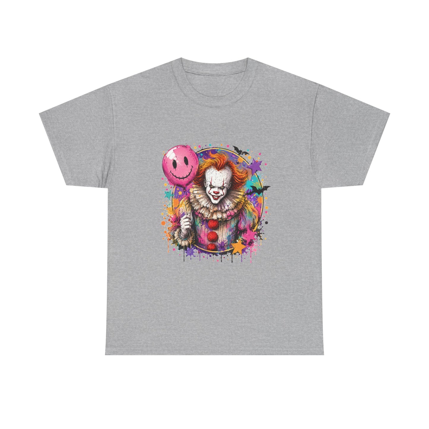 Clown Horror Graphic Tee — Colorful Scary Clown with Pink Balloon