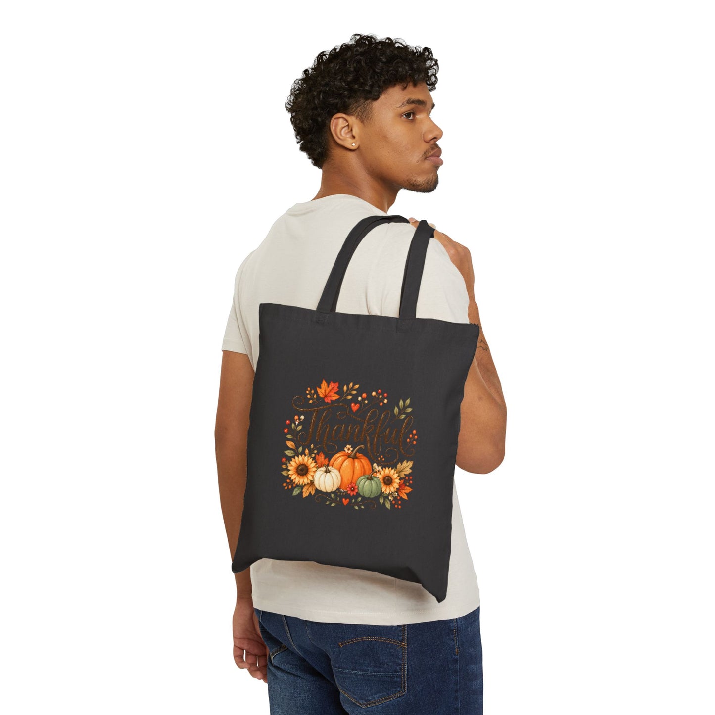 Thankful Fall Tote Bag – Pumpkin & Sunflower Cotton Canvas Grocery Tote