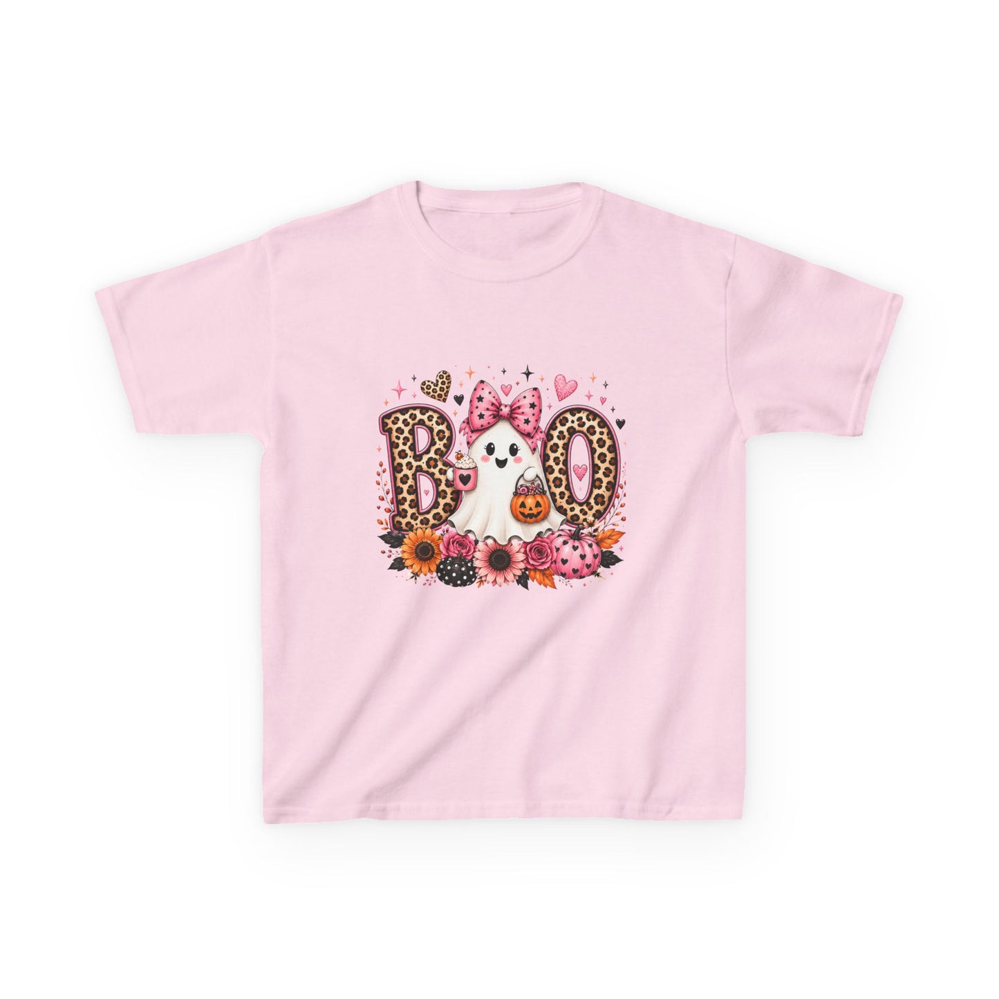 Kids' Halloween 'Boo' Ghost Tee — Cute Leopard Print & Floral Costume Shirt