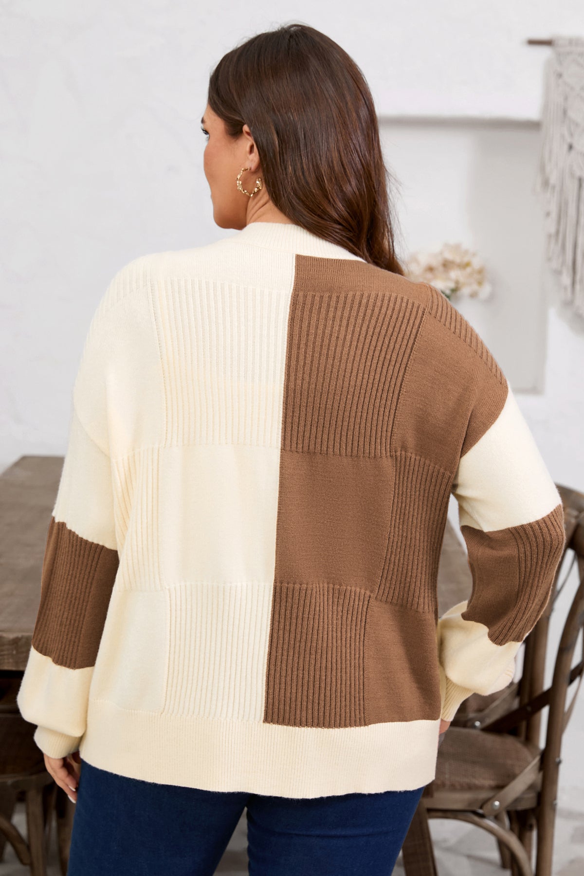 Khaki Checkered Ribbed Texture Knit Plus Size Cardigan Sweater