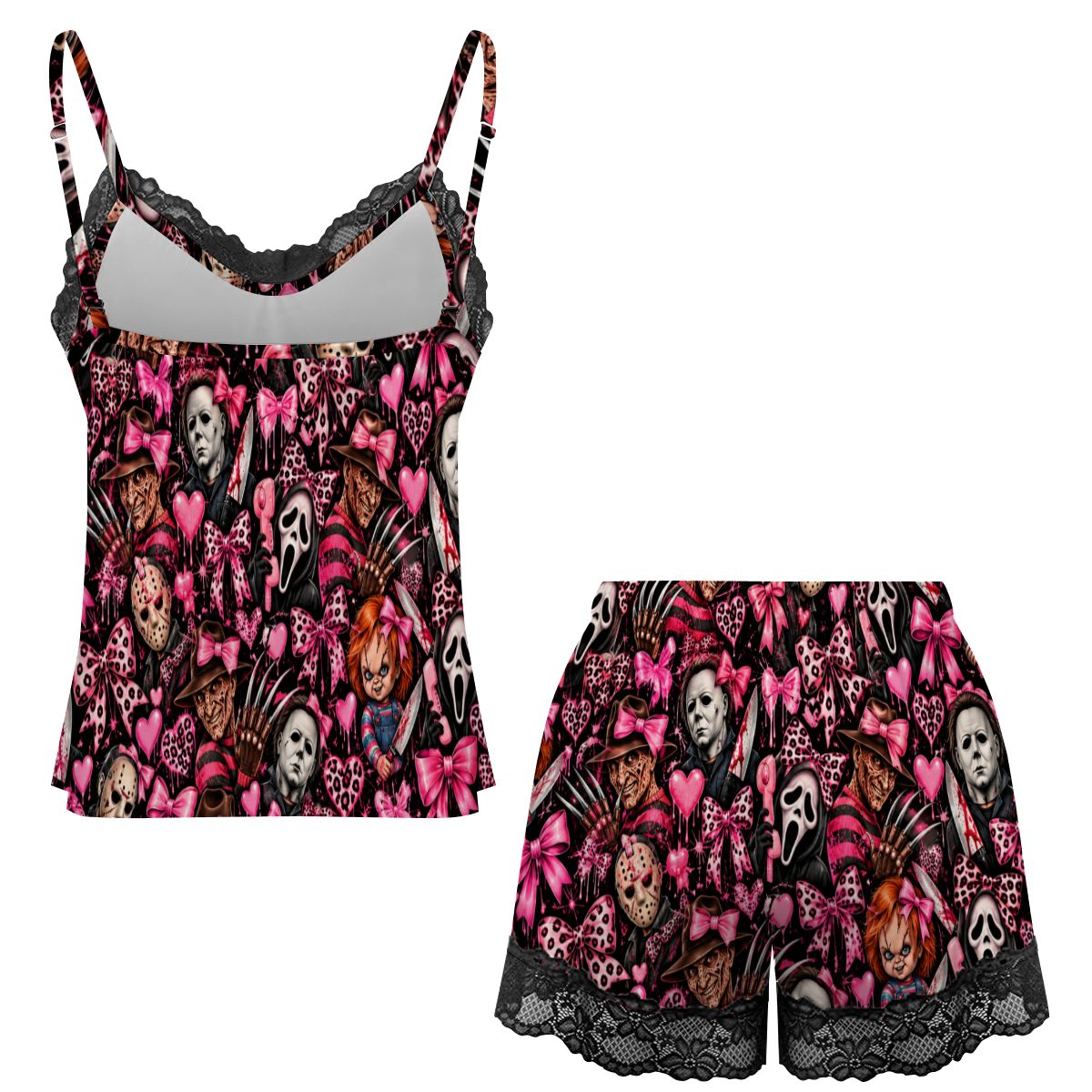 Women Cami Lace Pajama Set Cute Goth Horror Bow Pattern