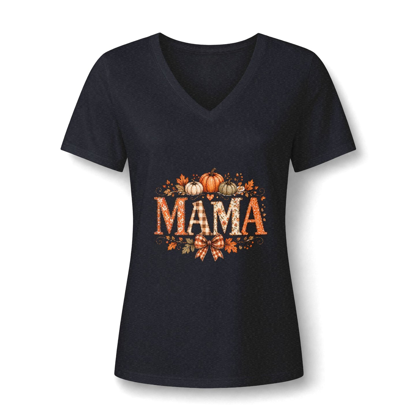Mama Fall V-Neck Tee — Pumpkin & Autumn Leaves Graphic