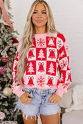 Pink Christmas Plaid Pullover Round Neck Long Sleeve Casual Fit Tunic Knitwear Sweater