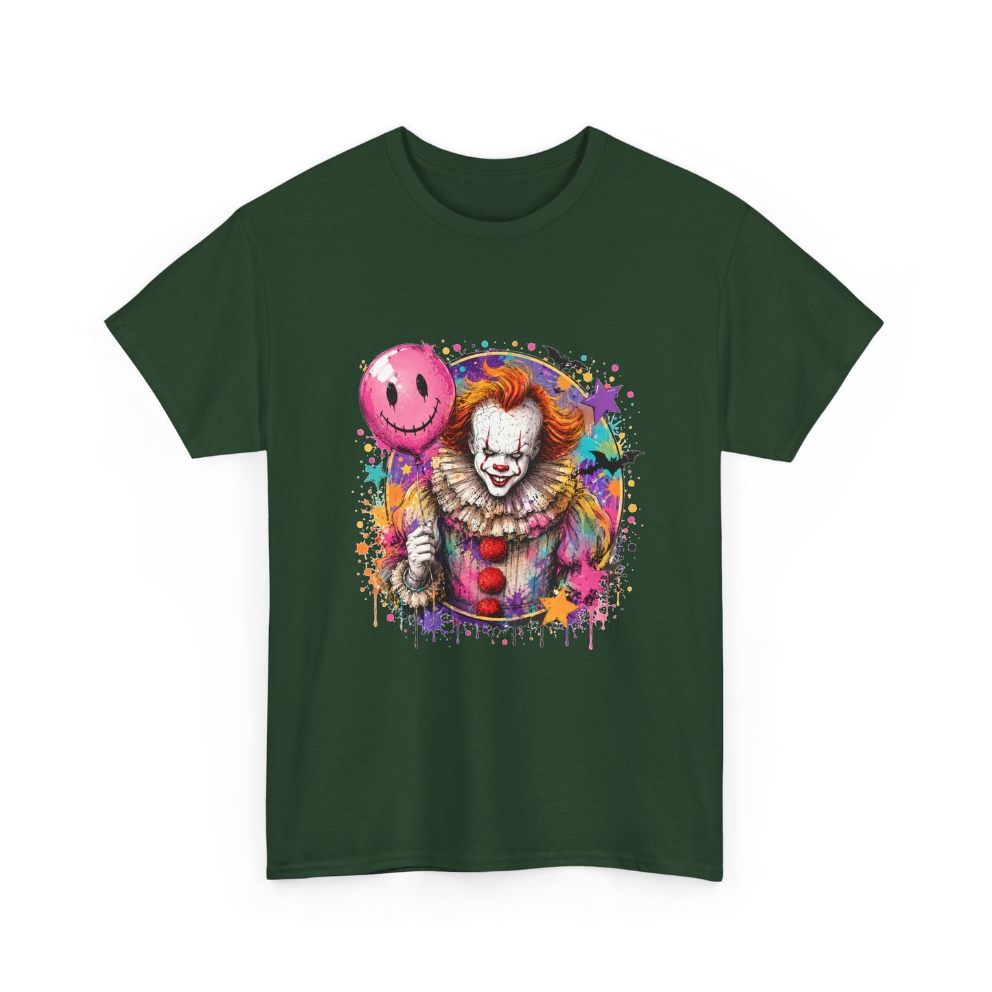 Clown Horror Graphic Tee — Colorful Scary Clown with Pink Balloon