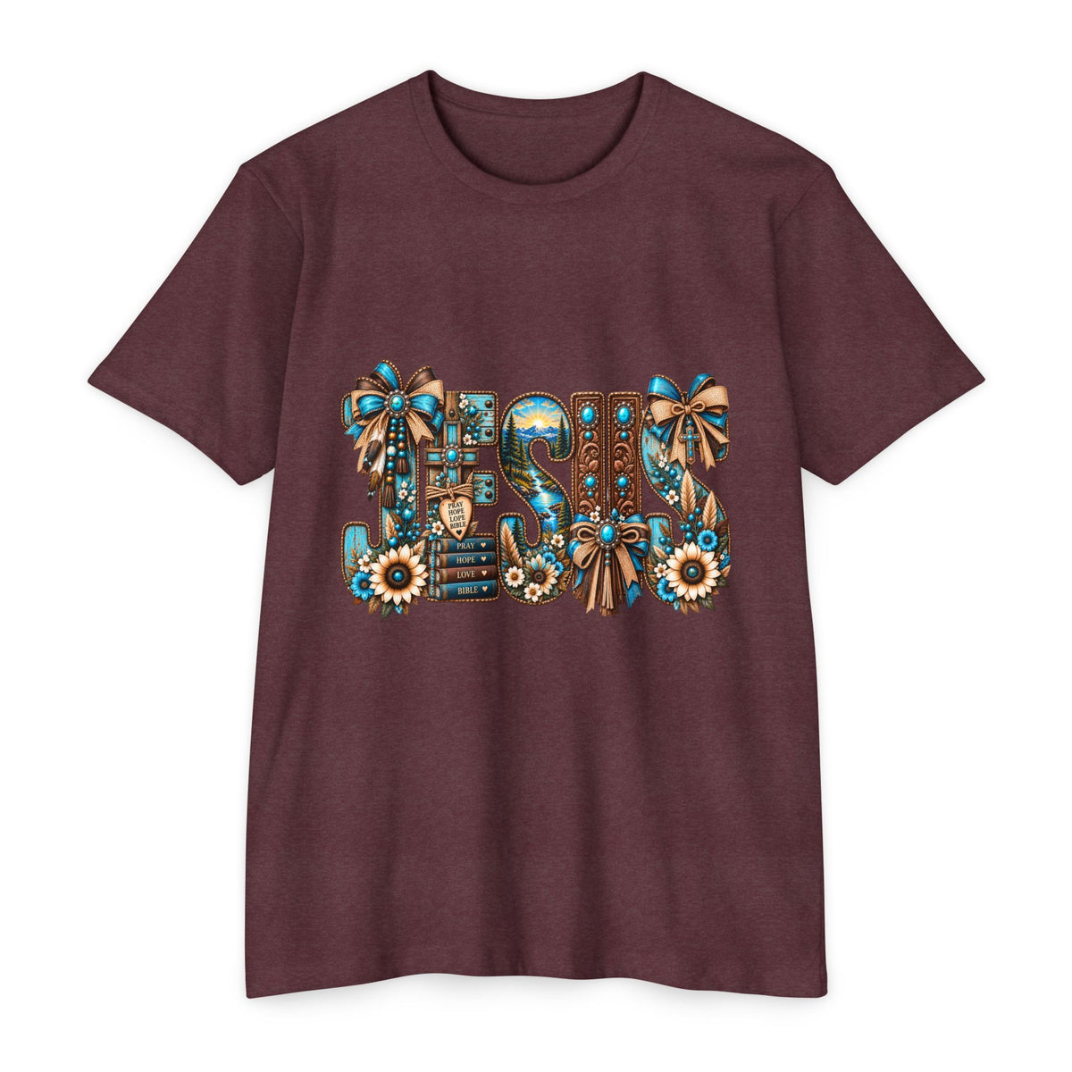 Jesus Floral Graphic T-Shirt — Decorative Faith Tee with Bows & Sunflowers