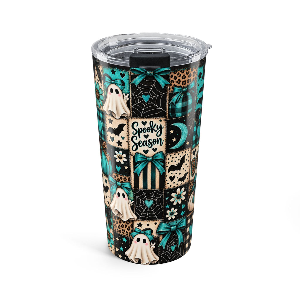 20oz Halloween Ghost Pattern Tumbler — "Spooky Season" Teal Plaid Travel Cup