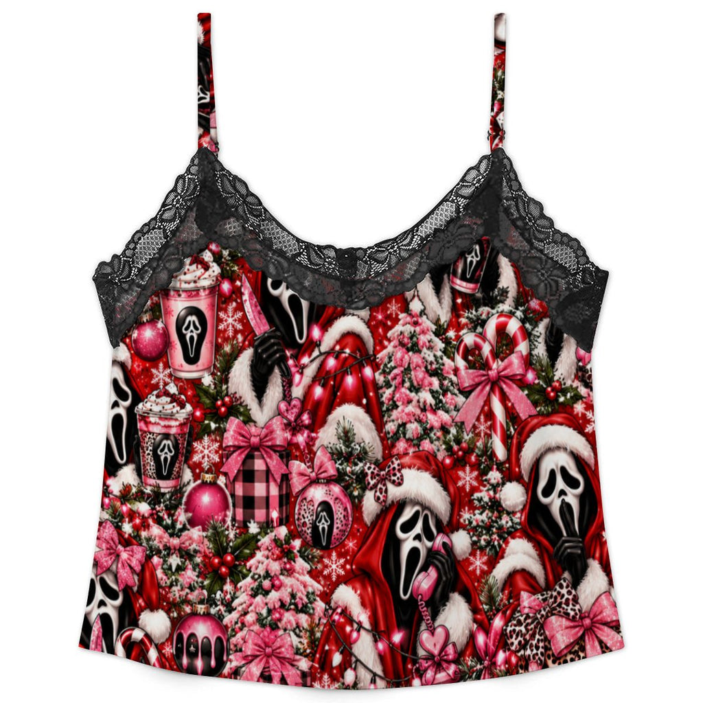 Women Cami Lace Pajama Set Festive Ghostface Christmas Pattern