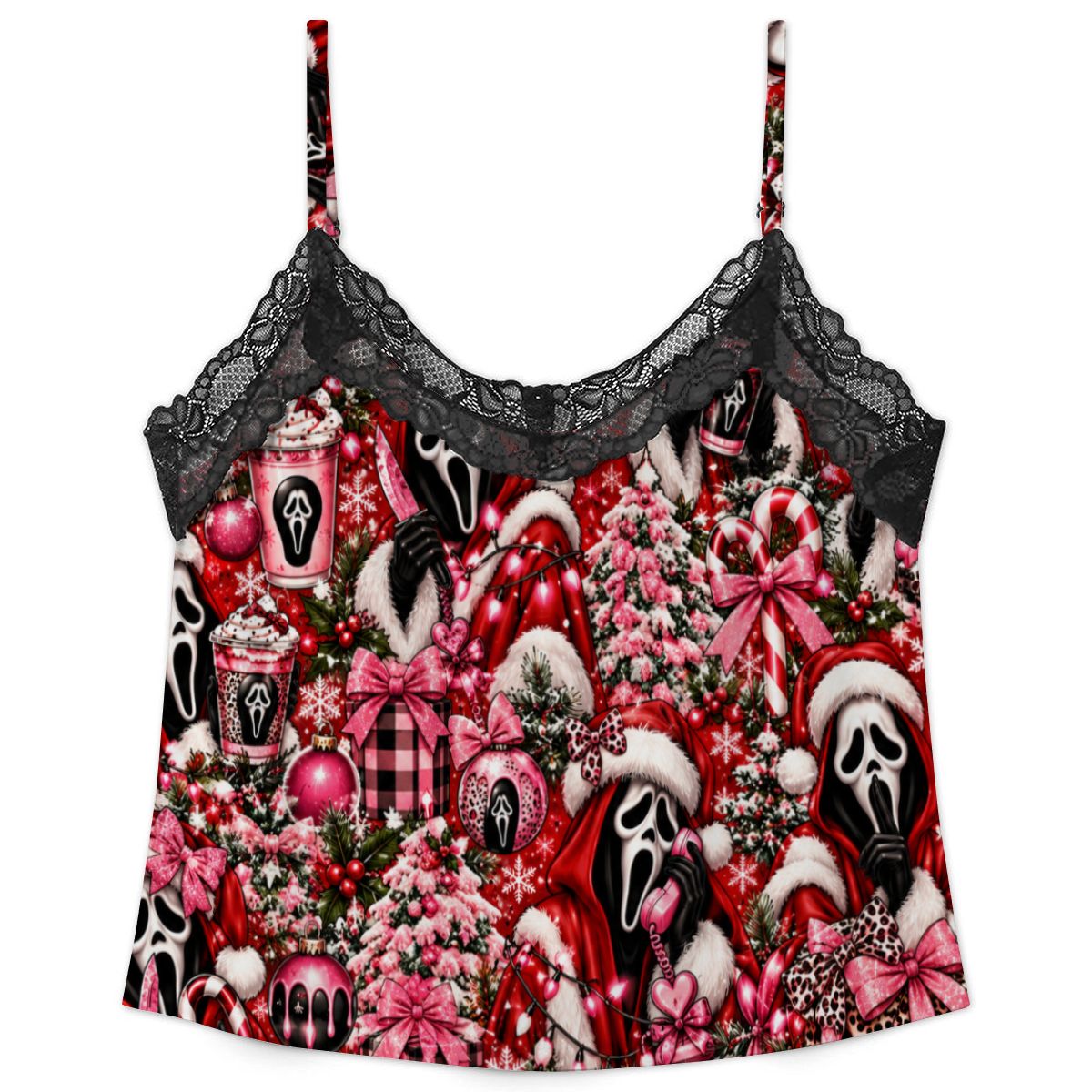 Women Cami Lace Pajama Set Festive Ghostface Christmas Pattern