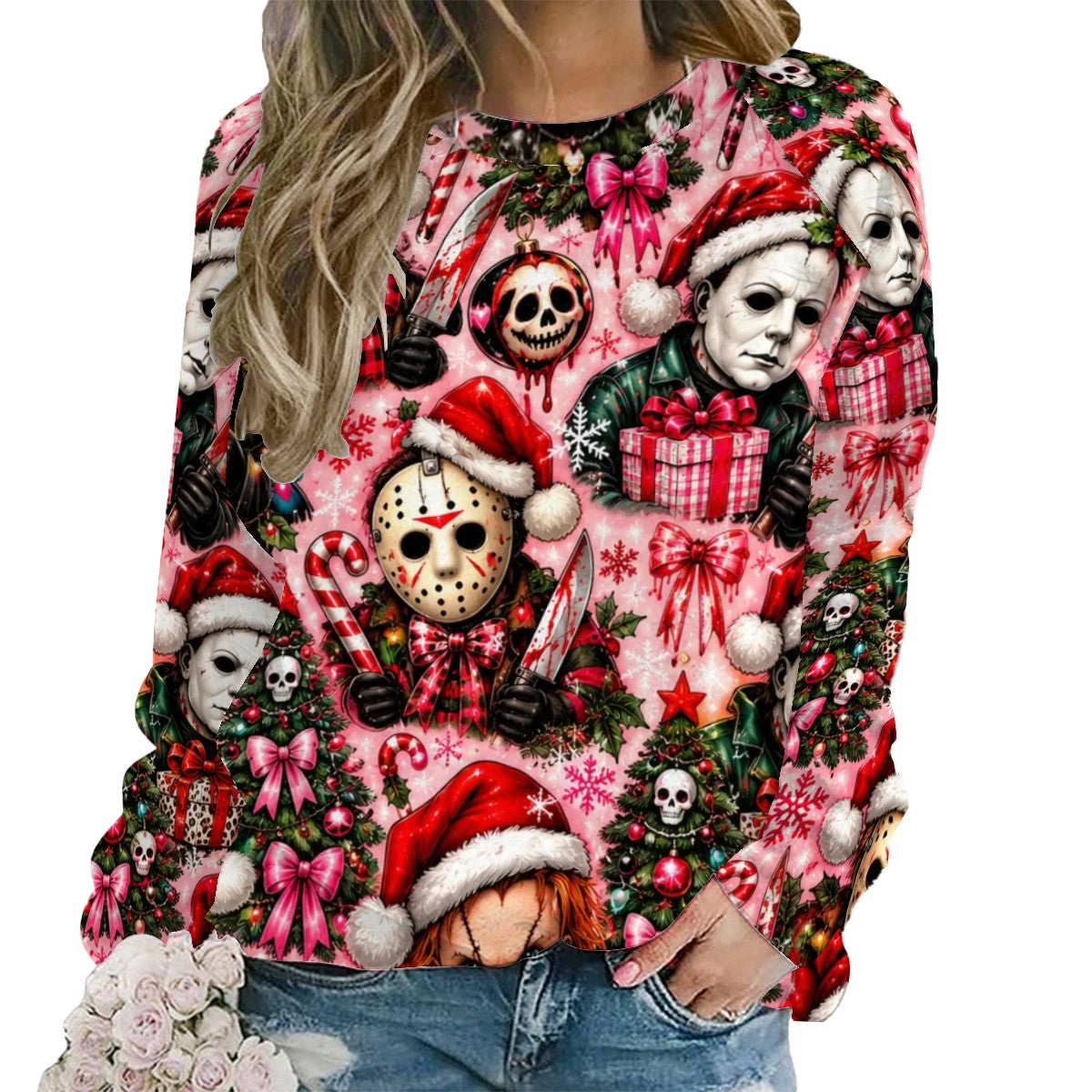Raglan Crewneck Sweatshirts Women Festive Chibi Horror Christmas Pattern