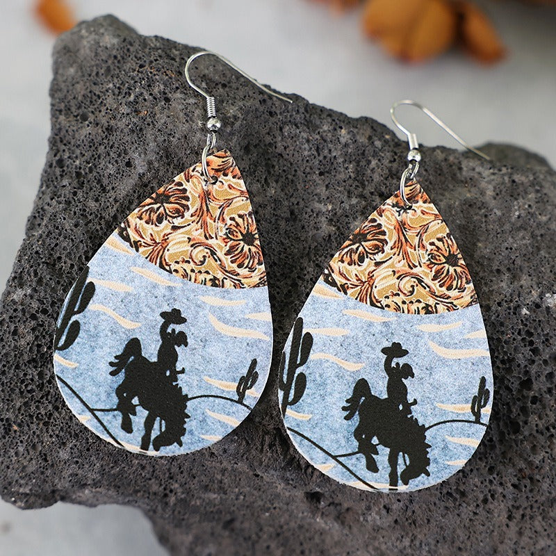 European and American Retro Independent Station Western Style Horse Riding Denim Color Matching Double Sided Leather Earrings