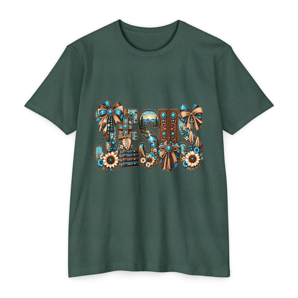 Jesus Floral Graphic T-Shirt — Decorative Faith Tee with Bows & Sunflowers