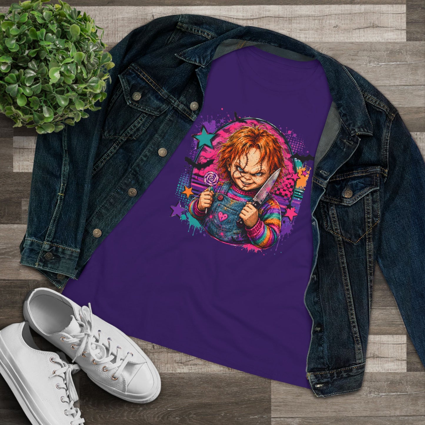 Chucky Horror Graphic Tee — Retro Neon Killer Doll Shirt for Women