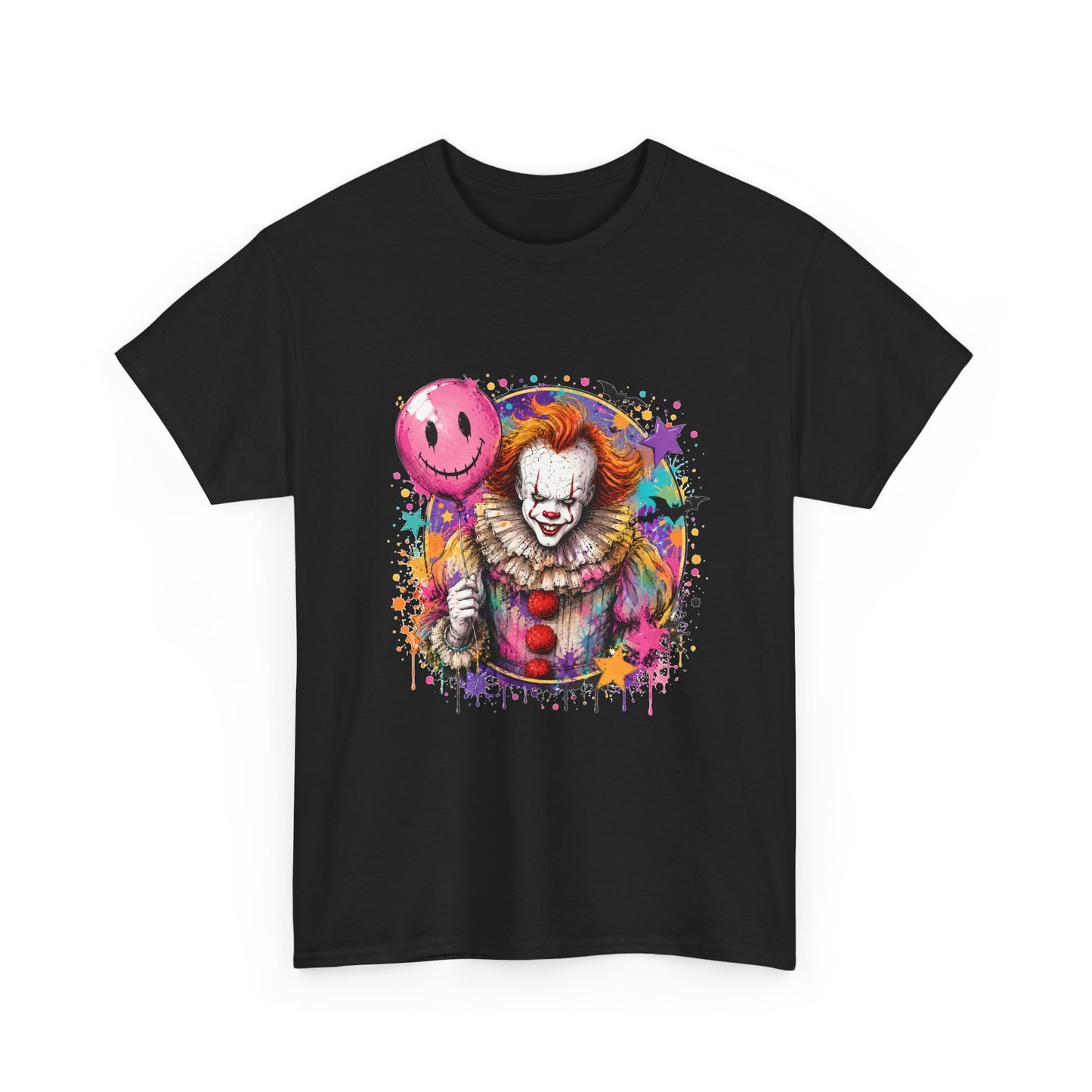 Clown Horror Graphic Tee — Colorful Scary Clown with Pink Balloon