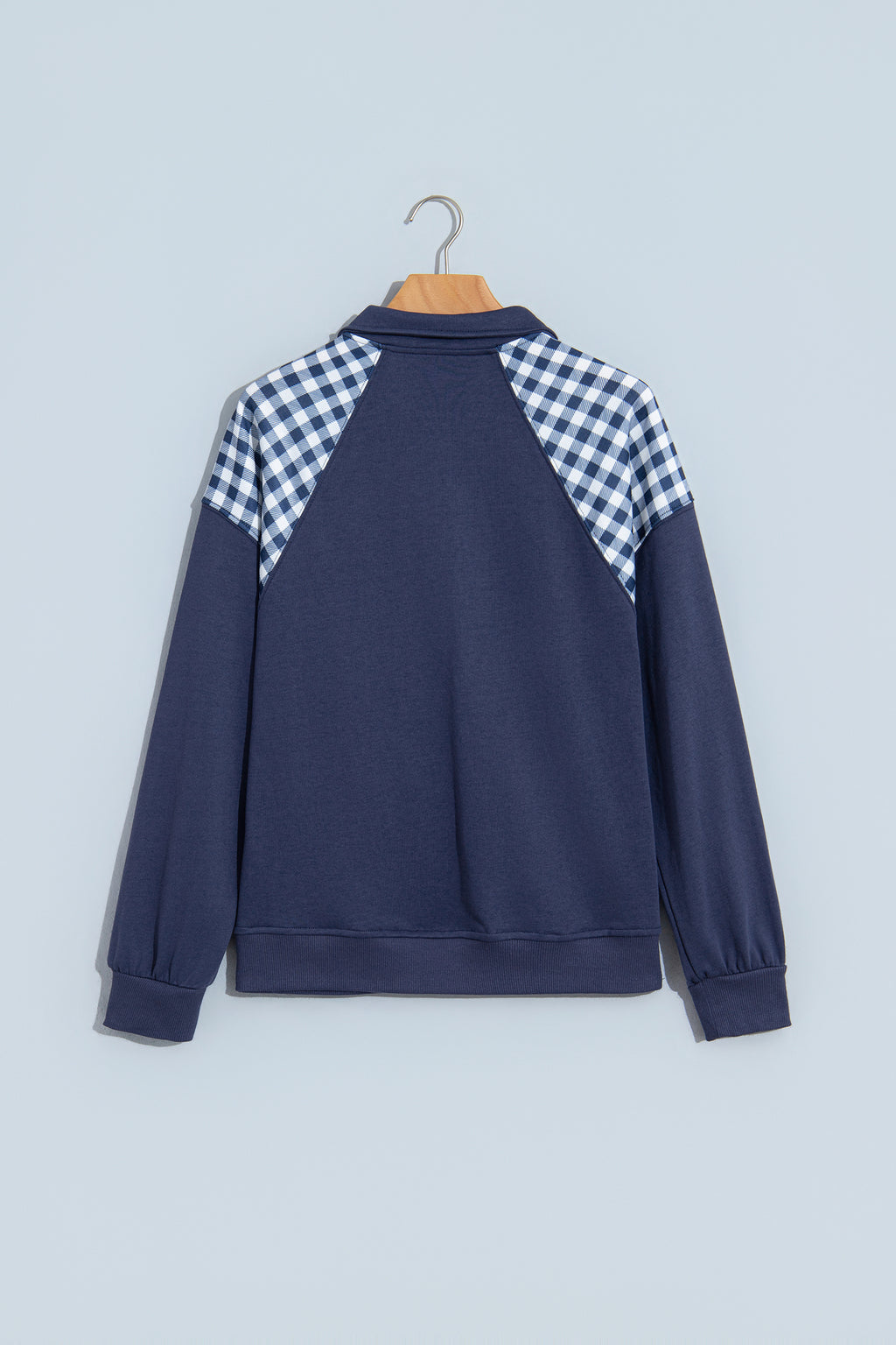 Coffee Patchwork Plaid Pocket Quarter Zip Sweatshirt