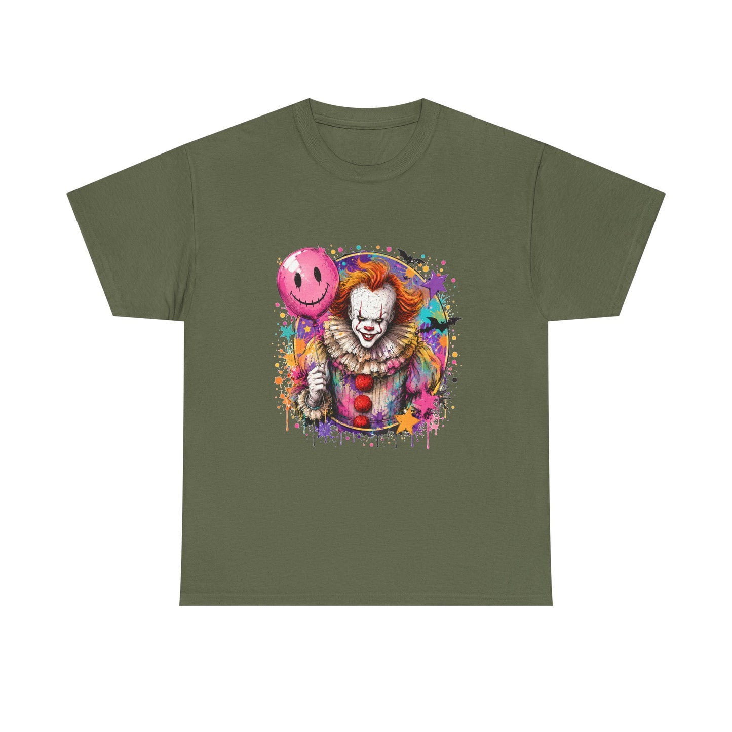 Clown Horror Graphic Tee — Colorful Scary Clown with Pink Balloon