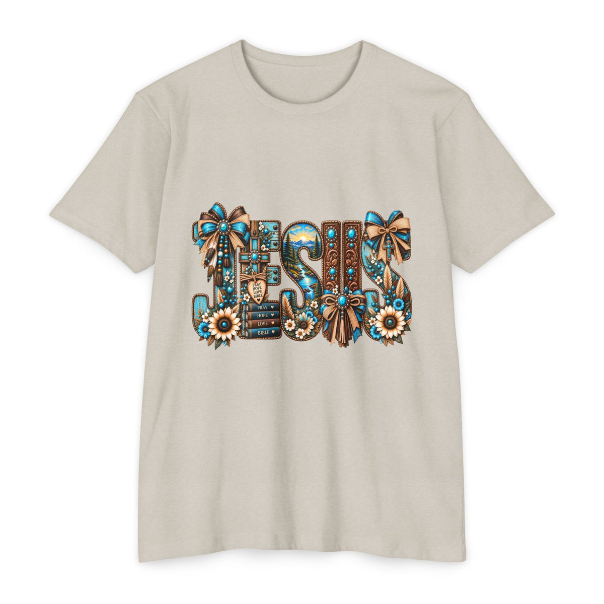 Jesus Floral Graphic T-Shirt — Decorative Faith Tee with Bows & Sunflowers