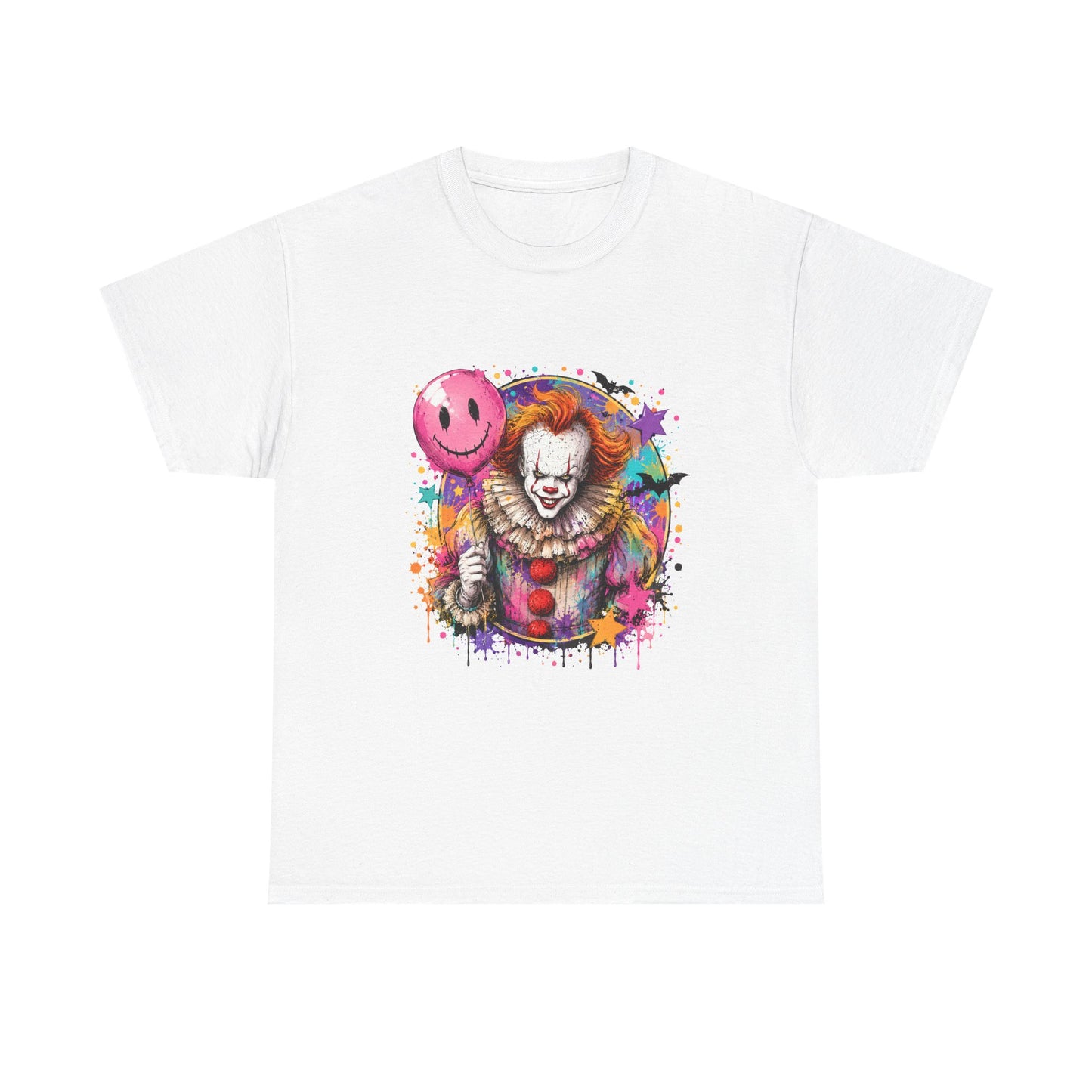 Clown Horror Graphic Tee — Colorful Scary Clown with Pink Balloon