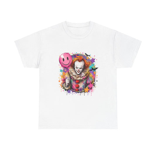 Clown Horror Graphic Tee — Colorful Scary Clown with Pink Balloon