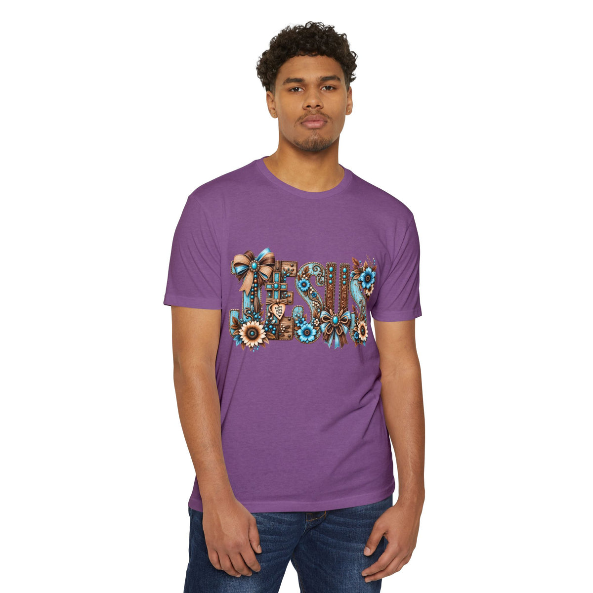 Jesus Floral Typography T-Shirt — Rustic Blue & Brown Christian Tee